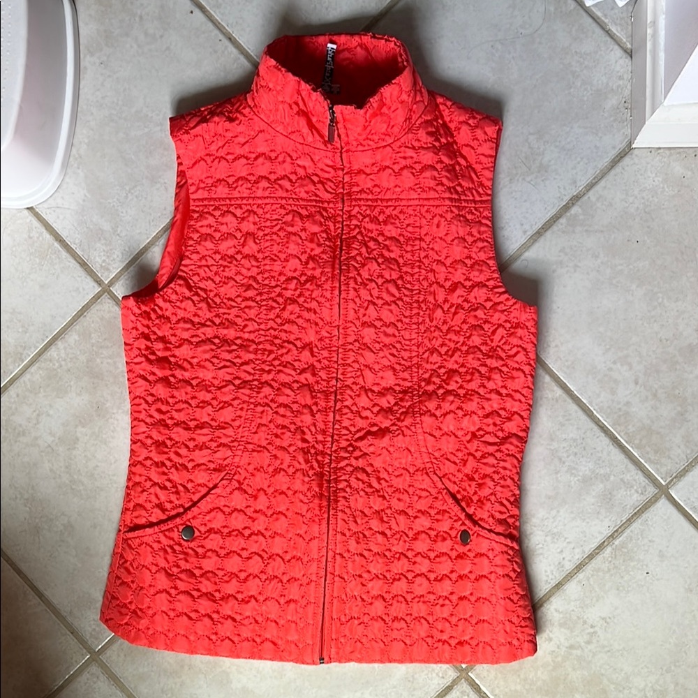 Vibrant Coral Quilted Vest with Stand-Up Collar